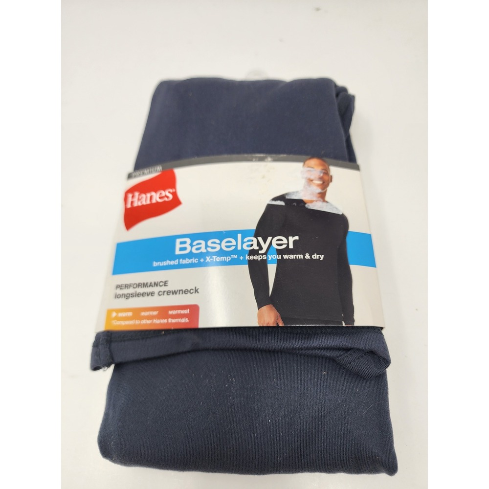Hanes Mens Baselayer Thermal Long Sleeve Top Blue Polyester Blend Size XL